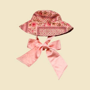 Pink Floral Cottagecore Bucket Hat: Cotton Sunhat with Satin Bow