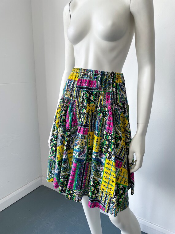 Vintage Patchwork Print Cotton Skirt,A-Line, 1970… - image 3