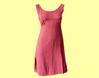 Vintage Henriette Ladreyt Mini Dress / Salmon Pink / Bow Detail / Fitted / Scoop Neckline / Size 4 / EU 32 / Extra Small / XS