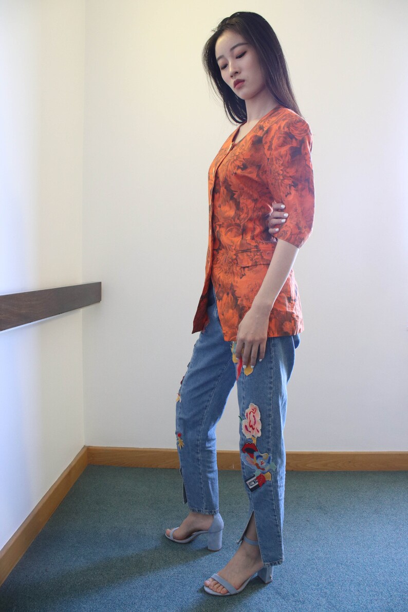 80s Paola Santi Orange Jacket Floral Print Fitted Jacket Short Sleeves Gold Buttons Power Dressing Size S Small