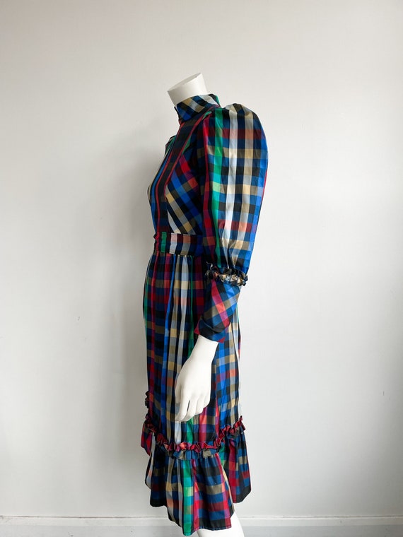 Vintage 70s Taffeta Dress, Mutlcolour Plaid, Chec… - image 4