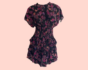 IRO Painterly Floral Ruffle Mini Dress | Silk Open Back| Puff Sleeve Tiered Ruffle Hem | Black Pink Purple Abstract Floral | Size Small