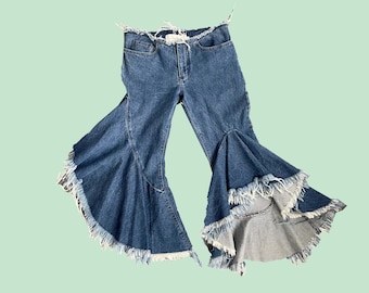 Y2K Marques Almeida Low Rise Jeans, Ruffled Flares with Frayed Edge Detailing, Avant Garde Designer Denim, UK Size 6, EU 34