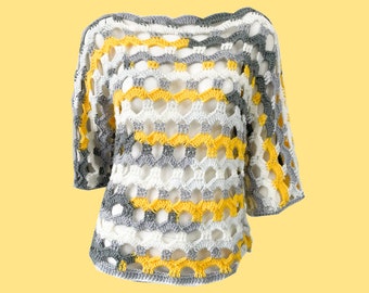 Handmade Boho Crochet Jumper, Grey, White & Yellow, Three-Quarter Sleeves, Boat Neckline, Open Knit, Bohemian, Hippie