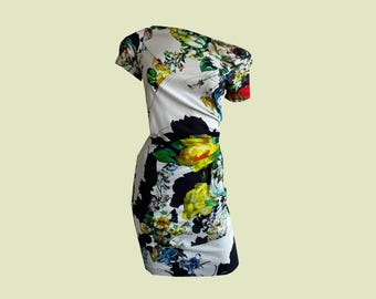 Y2K Roberto Cavalli Floral Mini Dress: Ruched Bodycon, Size XS