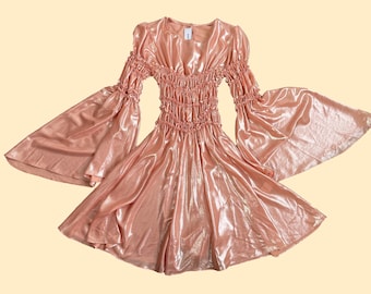 Georgia Hardinge Metallic Pink Party Dress: Ruched Trumpet Sleeve Mini