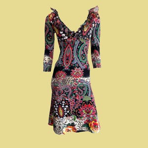 Y2K Paisley Print Roberto Cavalli Dress, Midi Length, V-Neckline with Ruffle Details, 3/4 Length Sleeves, Psychedelic Print