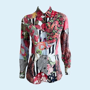 Vintage 90s Moschino Collage Print Shirt: Eclectic Patchwork Blouse