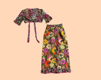 70s Floral Two Piece Set | Vintage Ditsy Print Tie Front Crop Top & Maxi Wrap Skirt | Boho Festival Outfit, UK 6, EU 34, XS