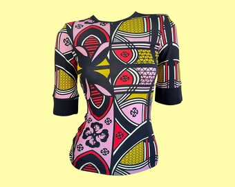 Mantsho X H&M Top, 2019, Multicoloured, Abstract African Print, Mesh Fabric, Fitted Silhouette, 3/4 Sleeves, Geometric Design, Collaboration