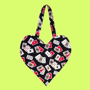 Sac fourre-tout en forme de coeur imprimé cartes à jouer, sac à bandoulière, toile de coton, noir, blanc et rouge, casino, Las Vegas, impression fantaisie