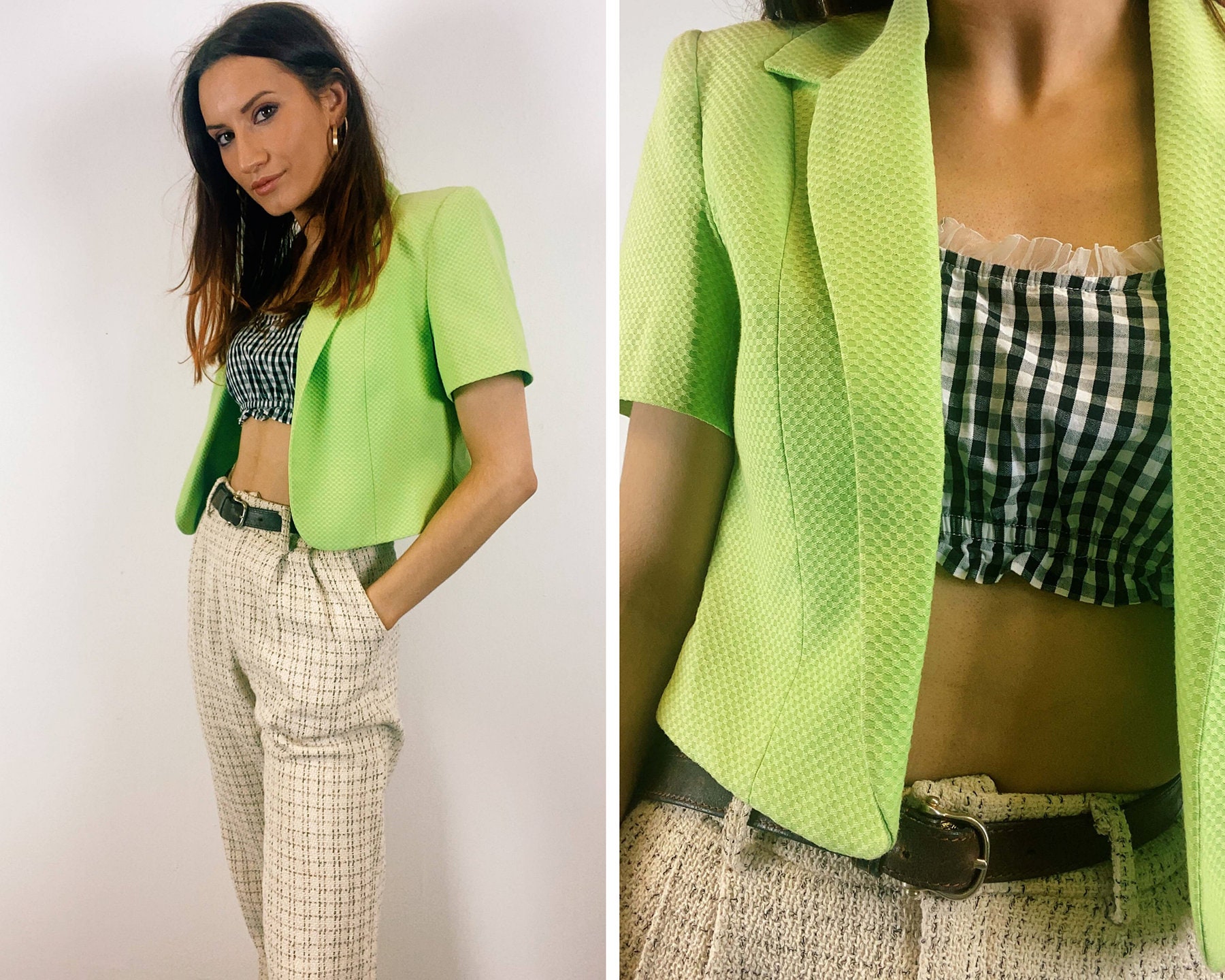 Image of Vintage Lime Green Cropped Jacket/Size  Eu  Crop Bolero S S Small
