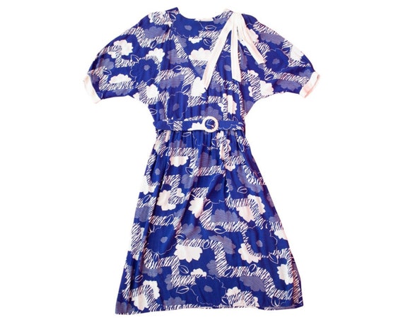 Vintage Blue Floral Dress / Graphic Print / Half S