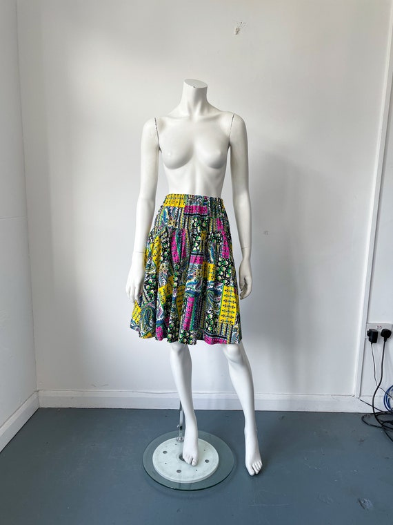 Vintage Patchwork Print Cotton Skirt,A-Line, 1970… - image 2