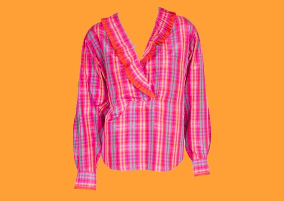 Vintage 80s Kenzo Check Blouse / Taffeta / Pink P… - image 1