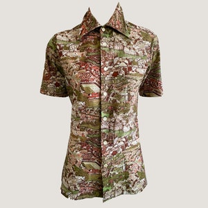 Vintage 70er Jahre Photo Print Shirt, Architektur und Gebäude, 1970er Jahre, Natur Print, 1970er Jahre, kurzärmlig Button Down