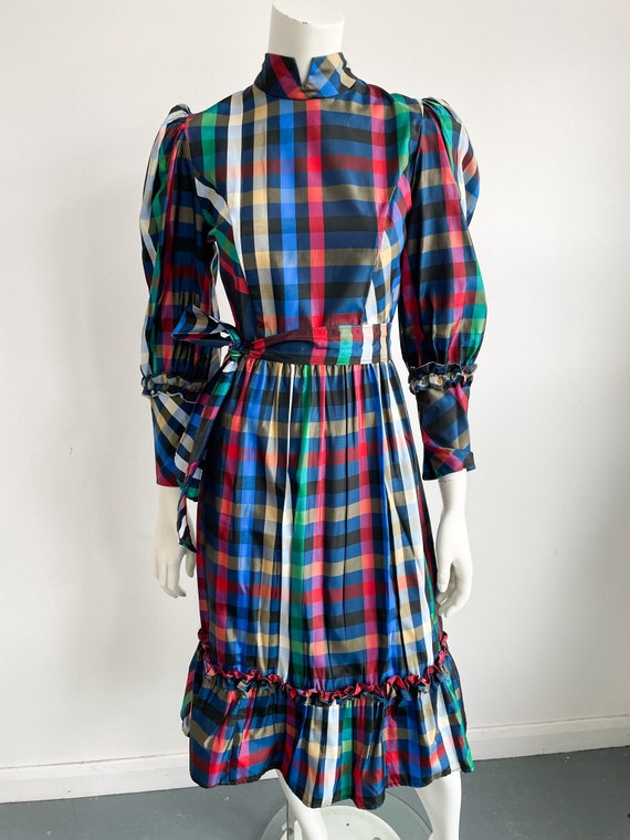 Vintage 70s Taffeta Dress, Mutlcolour Plaid, Chec… - image 2