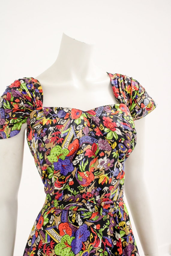 50s Vintage Chinoiserie Print Corset Tea Dress, I… - image 3