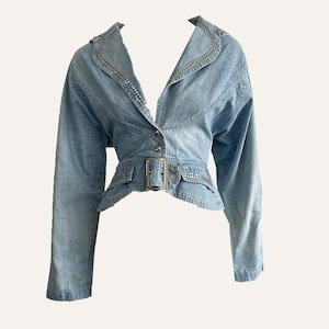 Vintage Julie Paris Jeansjacke: 80s Fledermausärmel, silberfarbene Metallteile