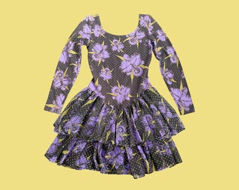 Vintage 90s Betsey Johnson Punk Label Low-Back Floral Rara Dress, Purple and Black Floral Print, Size 8-10 UK, EU 36-38