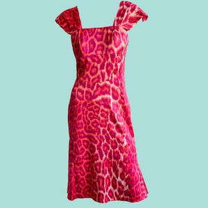 Just Cavalli Pink Leopard Print Dress, Knee Length, Square Neckline and Thick Straps, Y2K Aesthetics, 2000s, 00s, Noughties