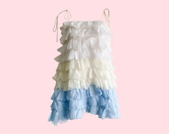 Custommade White & Baby Blue Tiered Ruffle Mini Dress | Cocktail Dress | Tie Shoulder | BNWT | UK 8, EU 36 - Small