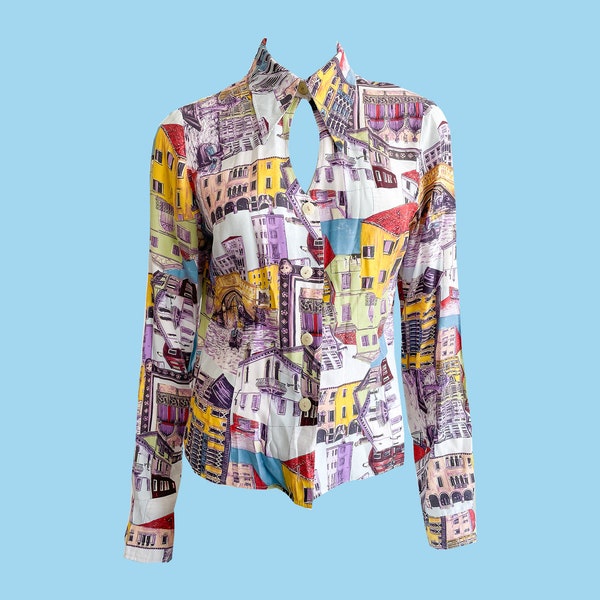 Vintage 70s Novelty Print Shirt, Keyhole Neckline, Multicolor, Vibrant, Italian Style Houses print, 1970s, Button Down Blouse