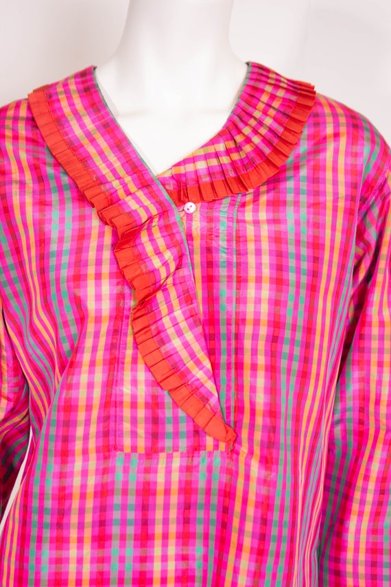 Vintage 80s Kenzo Check Blouse / Taffeta / Pink P… - image 4