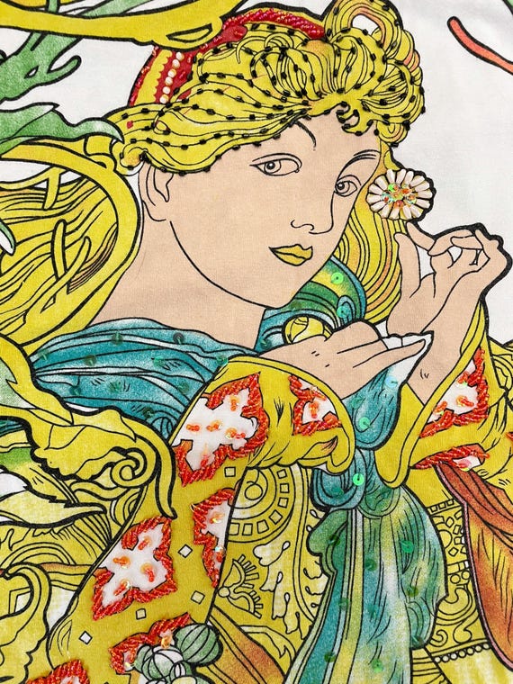 Y2K Custo Barcelona T-shirt: Art Nouveau Alphonse Mucha Lace Back