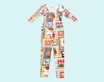 PAROSH 80s Collage Print Catsuit | Stretchy Bodycon Jumpsuit | Surrealist Patchwork Print | Scoop Neck 3/4 Sleeve | XS UK 6–8