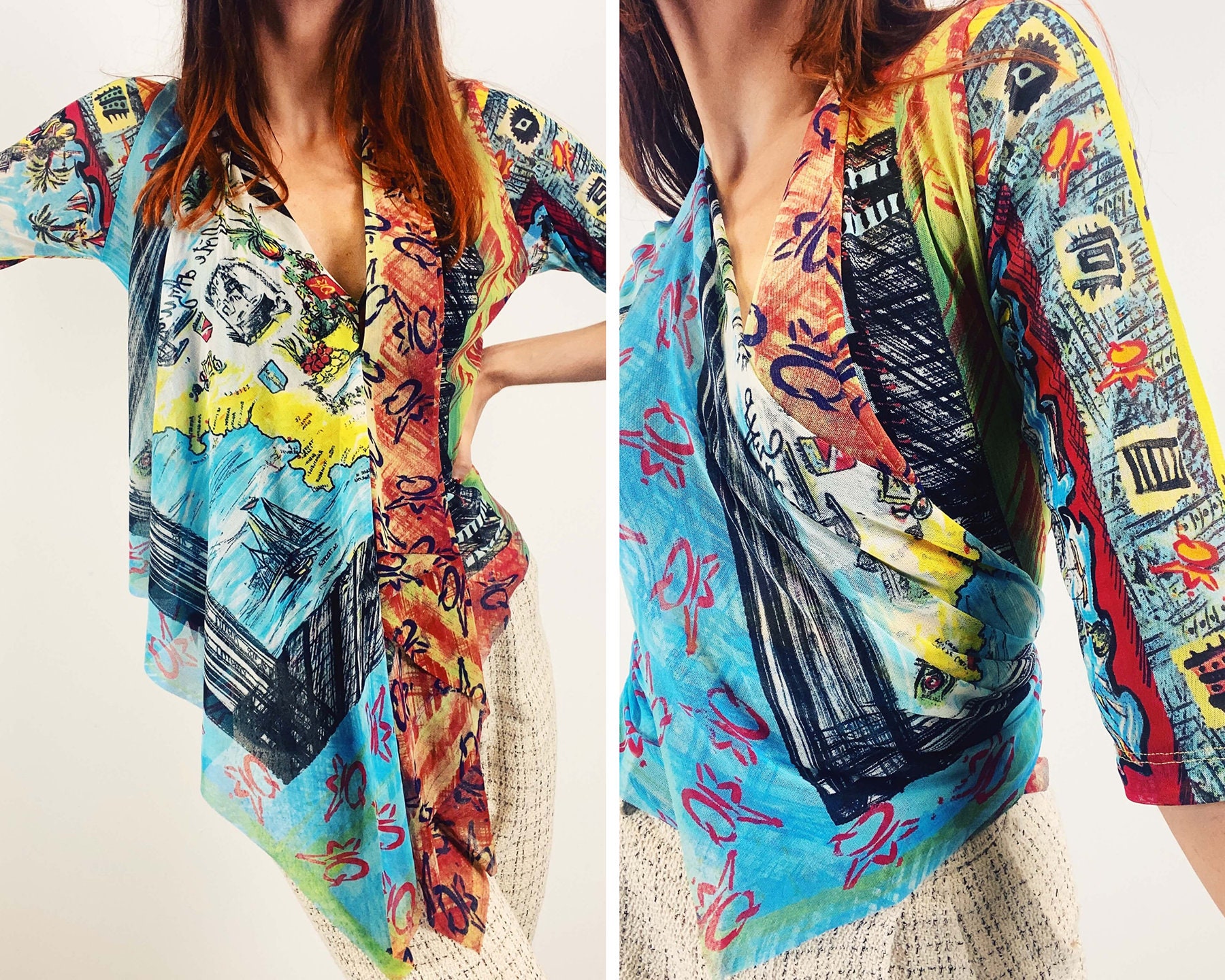 Image of Vintage Save The Queen Mesh Top/Asymmetrical Hemline Colourful Print Abstract Small S S Size  Eu