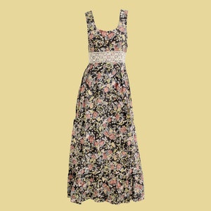 Vestido largo floral vintage de los años 70: Dolly Rockers con ribete de encaje, hecho en Inglaterra