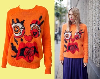 Meadham Kirchoff for Topshop Jumper, Funny Face, Orange, Fuzzy Long Sleeved Pullover Sweater, Grotesque, Clowncore