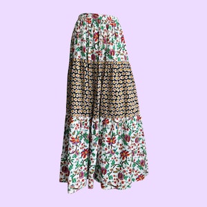 Vintage 60er Jahre Stufenrock aus Baumwolle, knöchellanger Maxi-Rock im Patchwork-Design, Boho-Chic
