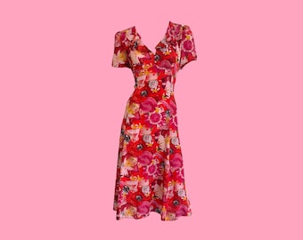 Maisie Cousins x Marc Jacobs Silk Dress | Limited Edition Floral Fruit Button Print | Midi Length, Designer Collaboration UK 12, EU 40, US 8