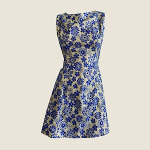 Vintage 50s Floral Dress: Handmade Blue & Gold Party A-Line, Size S