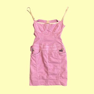 Vintage 90s Dolce and Gabbana Denim Mini Dress, Bubblegum Pink, Crossover Straps, Bustier Dress, Size XS, Backless