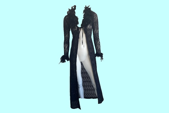 Vintage 80s Black Lace Robe: Feather Trim Gothic Maxi Cardigan