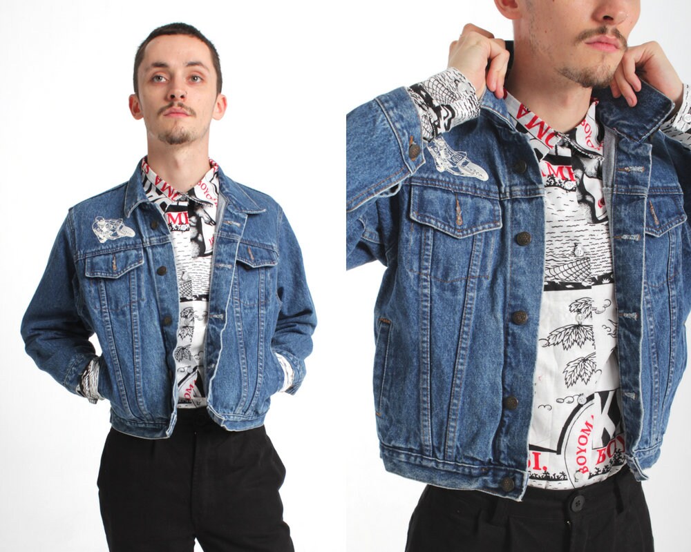 Image of Vintage 80S Motorbike Denim Jacket/Cropped 1980S Menswear Stonewash Size S Small