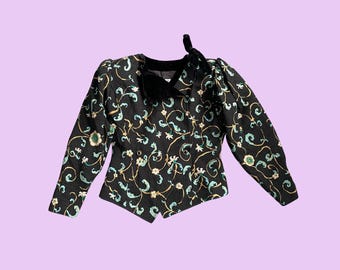 Ungaro Solo Donna Broderad jacka – 1980-tals vintage | Fårbensärmar och sammetsrosett | UK 12 / EU 40