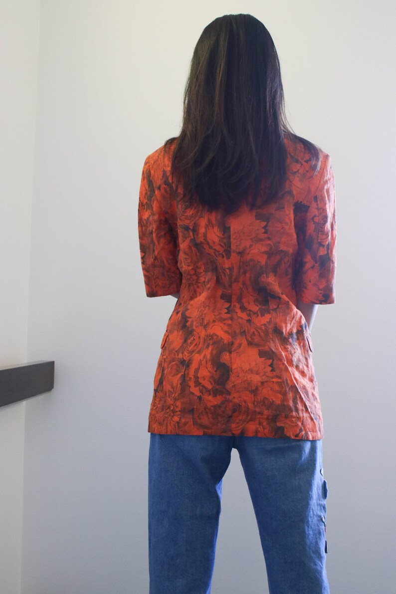 80s Paola Santi Orange Jacket Floral Print Fitted Jacket Short Sleeves Gold Buttons Power Dressing Size S Small
