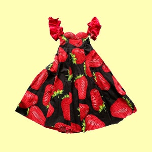 Y2K Handmade Strawberry Print Dress, Bustier Top with Ruffles Adjustable Sleeves, Dancewear, Ideal for Salsa or Ballroom Dance