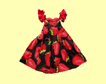 Handmade Y2K Strawberry Print Dress: Ruffle Bustier Top, Dancewear