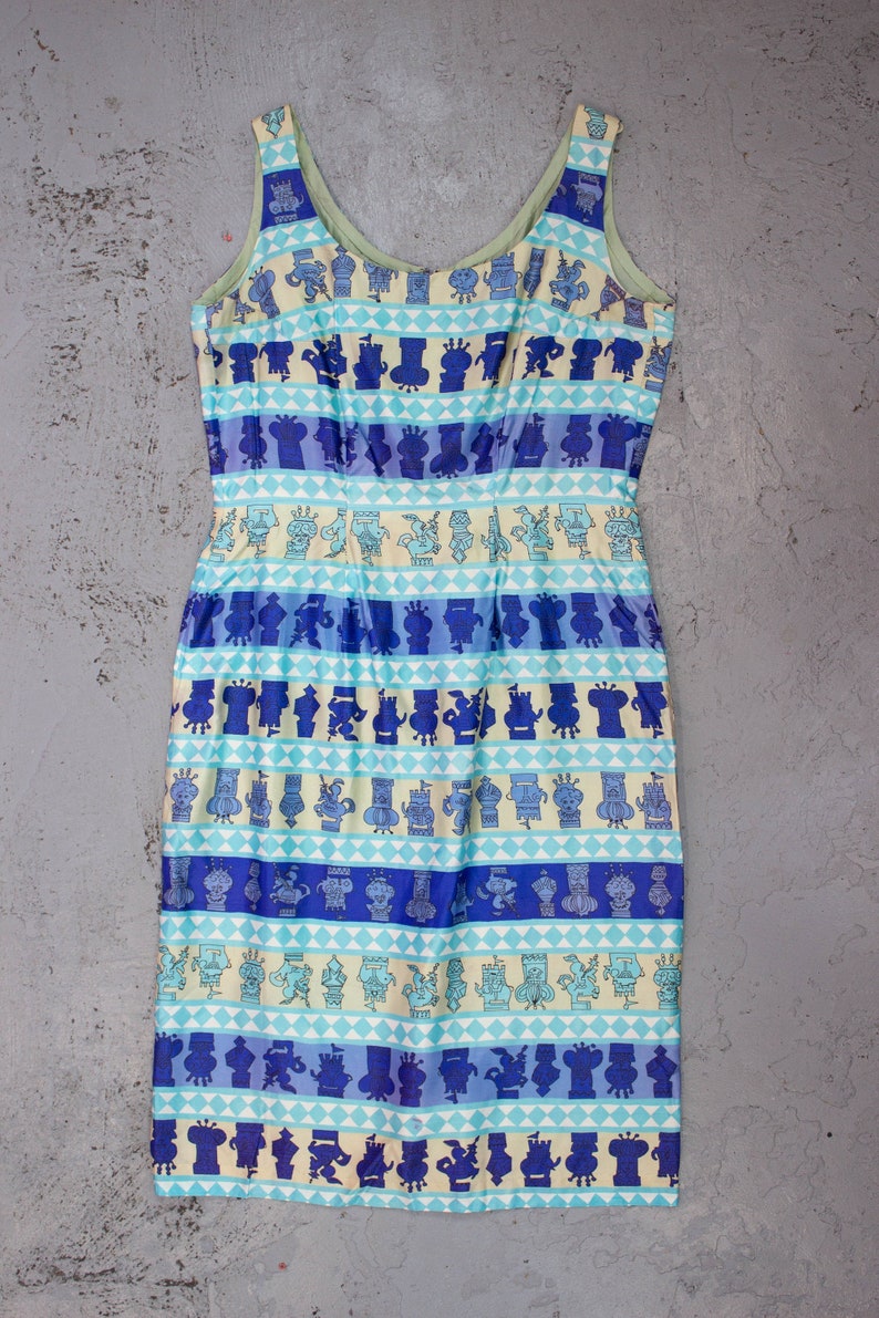 Vintage 50s Chess Print Dress Blue Novelty Print 1950s Size 14 EU 42 Plus Size Mini Dress