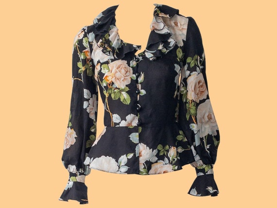 Peplum Floral Print Blouse, Black and Blush Pink,… - image 1