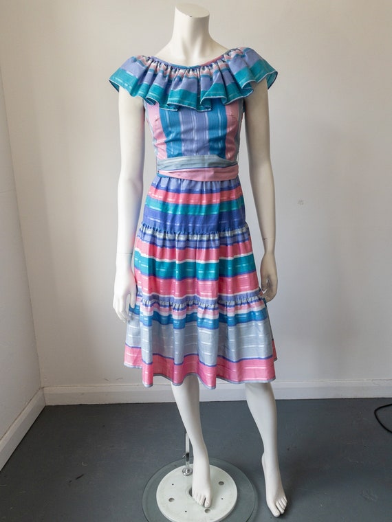 Vintage 70s Striped Dress, Stripy, Pastel Blue an… - image 6