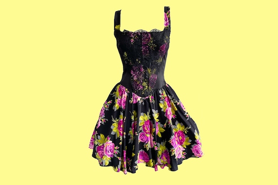 Y2K Betsey Johnson Bustier Dress, Pink Floral Motif, Black
