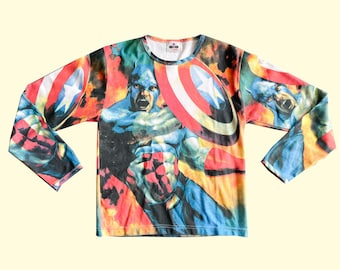 Y2K Captain America Work by Eaksak Top, Quirky All-Over Print Long Sleeved Top, Crew Neckline, Patriotic Print, Size M