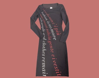 Vintage 90s Moschino Jeans Typography Print Bodycon Dress, Quote about Fashion – Black, USA 6 / UK 10 / EU 38