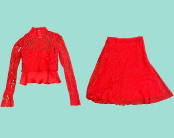 Givenchy FW2017 RTW Red Lace Two Piece | Designer Lace Top & Skirt Set With Slip | High Neck Long Sleeve, Avant Garde, Runway Set, Size XS